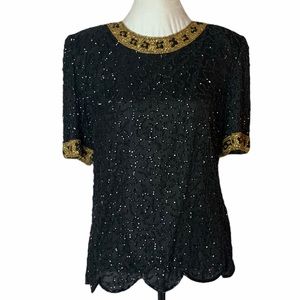 Vintage Scala Black Gold Sequin Scallop Silk Top M